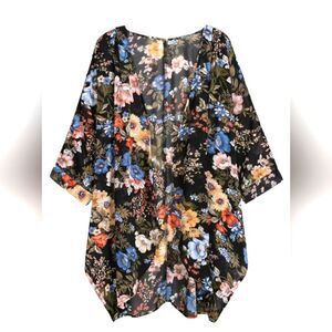 Floral Print Black Sheer Chiffon 3/4 Bat Sleeve Open Front Kimono Size L